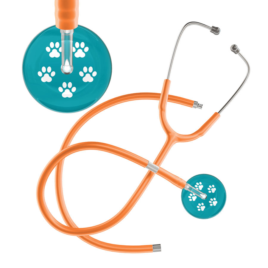 Ultrascope Single Stethoscope White Paw Teal Background / Adult / Orange Extended Tubing White Paw Print Dark Background Stethoscope