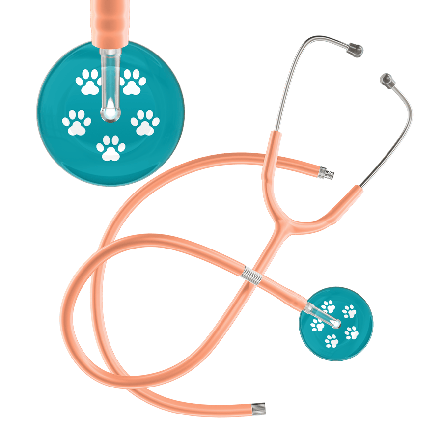 Ultrascope Single Stethoscope White Paw Teal Background / Adult / Peach Extended Tubing White Paw Print Dark Background Stethoscope