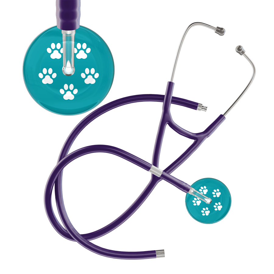 Ultrascope Single Stethoscope White Paw Teal Background / Adult / Purple Extended Tubing White Paw Print Dark Background Cardiology Stethoscope