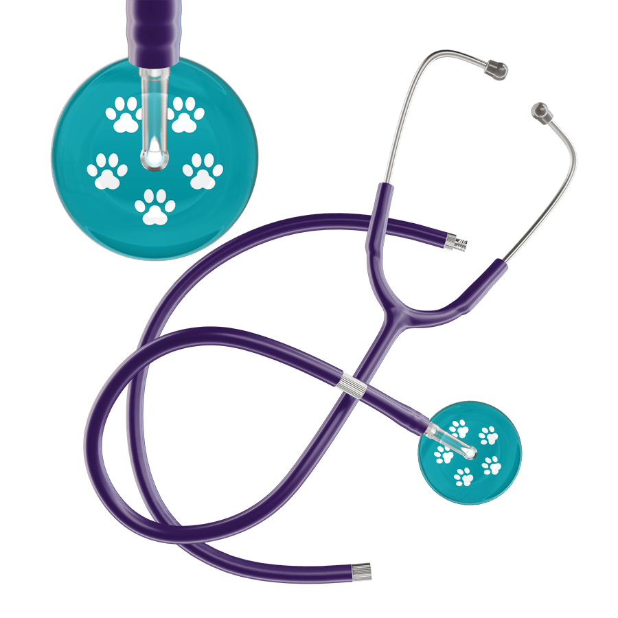 Ultrascope Single Stethoscope White Paw Teal Background / Adult / Purple Extended Tubing White Paw Print Dark Background Stethoscope