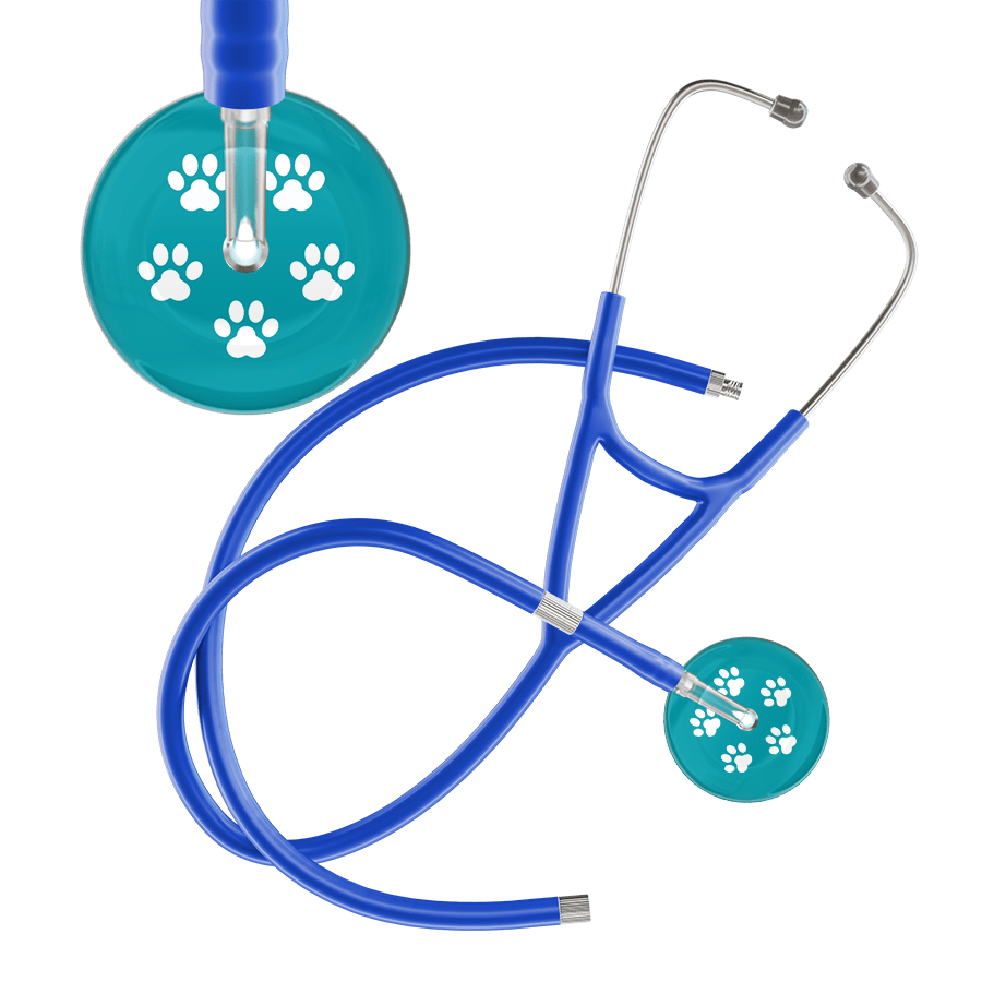 Ultrascope Single Stethoscope White Paw Teal Background / Adult / Royal Blue Extended Tubing White Paw Print Dark Background Cardiology Stethoscope