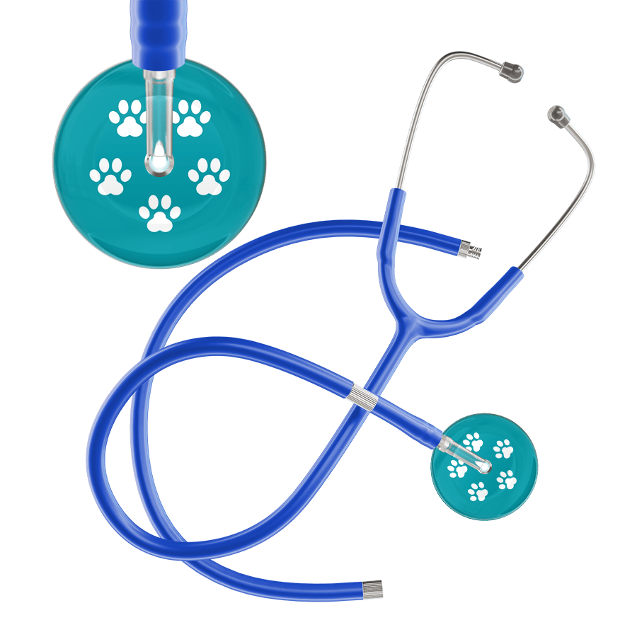 Ultrascope Single Stethoscope White Paw Teal Background / Adult / Royal Blue Extended Tubing White Paw Print Dark Background Stethoscope