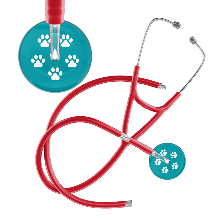 Ultrascope Single Stethoscope White Paw Teal Background / Adult / Red Extended Tubing White Paw Print Dark Background Cardiology Stethoscope