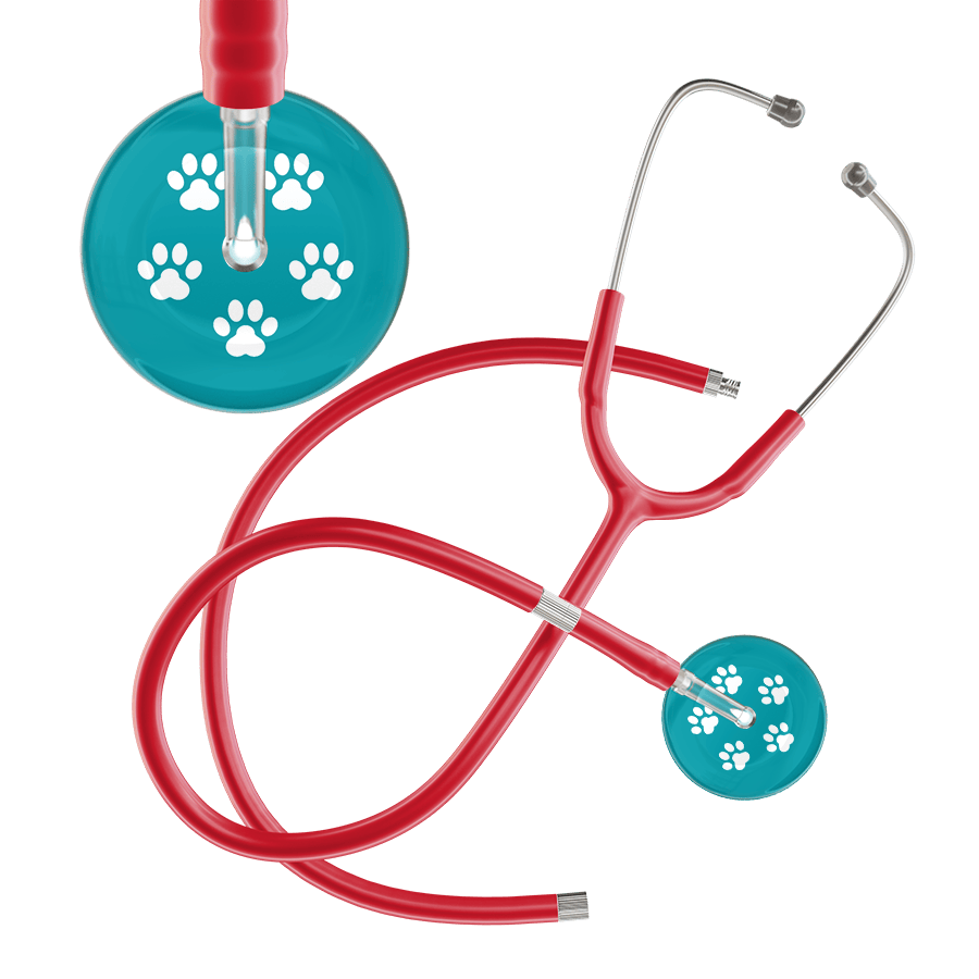Ultrascope Single Stethoscope White Paw Teal Background / Adult / Red Extended Tubing White Paw Print Dark Background Stethoscope