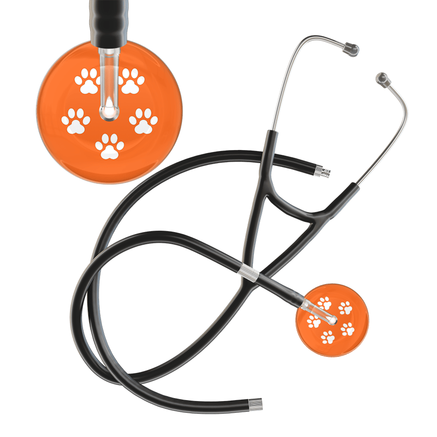 Ultrascope Single Stethoscope White Paw Tangerine Background / Adult / Black Extended Tubing White Paw Print Dark Background Cardiology Stethoscope