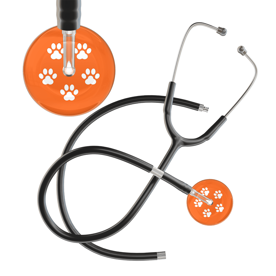 Ultrascope Single Stethoscope White Paw Tangerine Background / Adult / Black Extended Tubing White Paw Print Dark Background Stethoscope