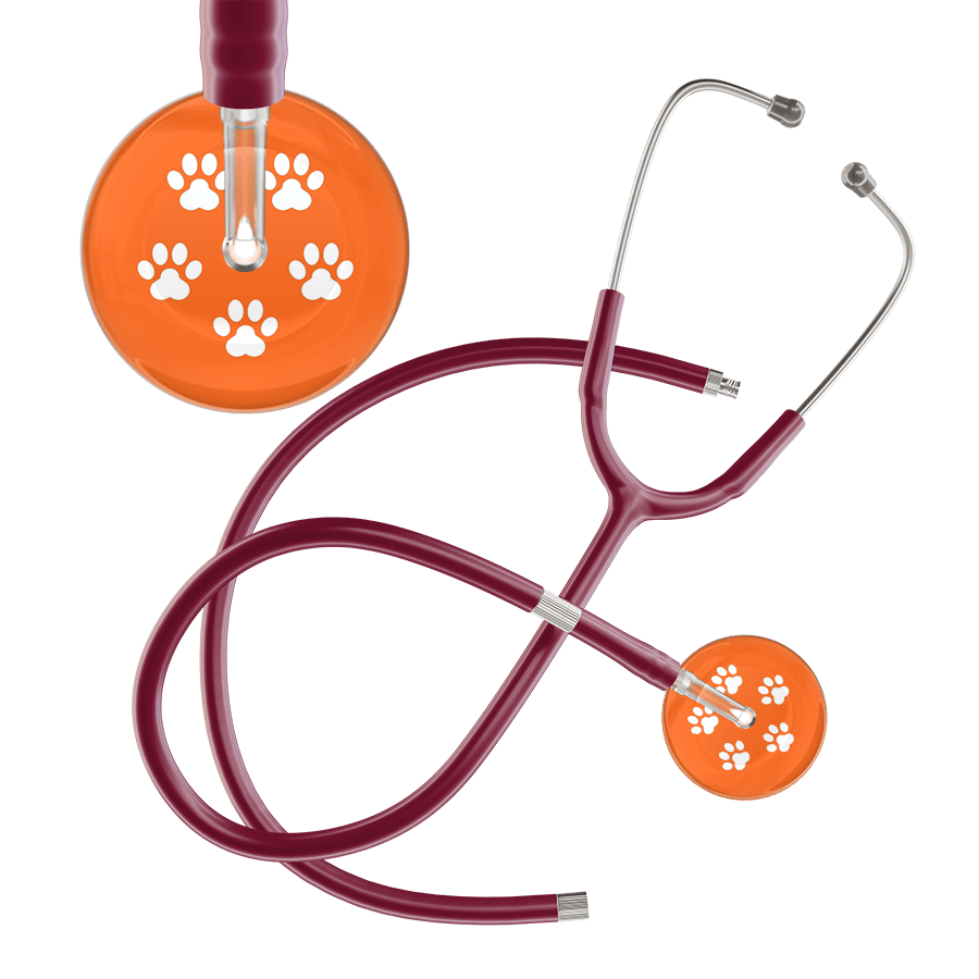 Ultrascope Single Stethoscope White Paw Tangerine Background / Adult / Burgundy Extended Tubing White Paw Print Dark Background Stethoscope