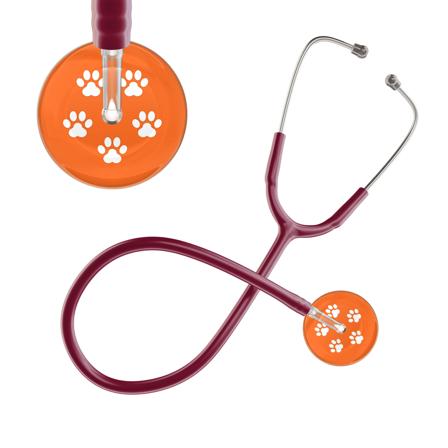 Ultrascope Single Stethoscope White Paw Tangerine Background / Adult / Burgundy White Paw Print Dark Background Stethoscope