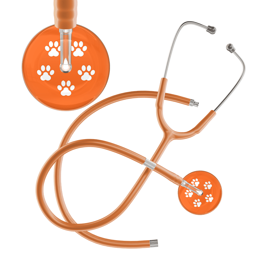 Ultrascope Single Stethoscope White Paw Tangerine Background / Adult / Caramel Extended Tubing White Paw Print Dark Background Stethoscope