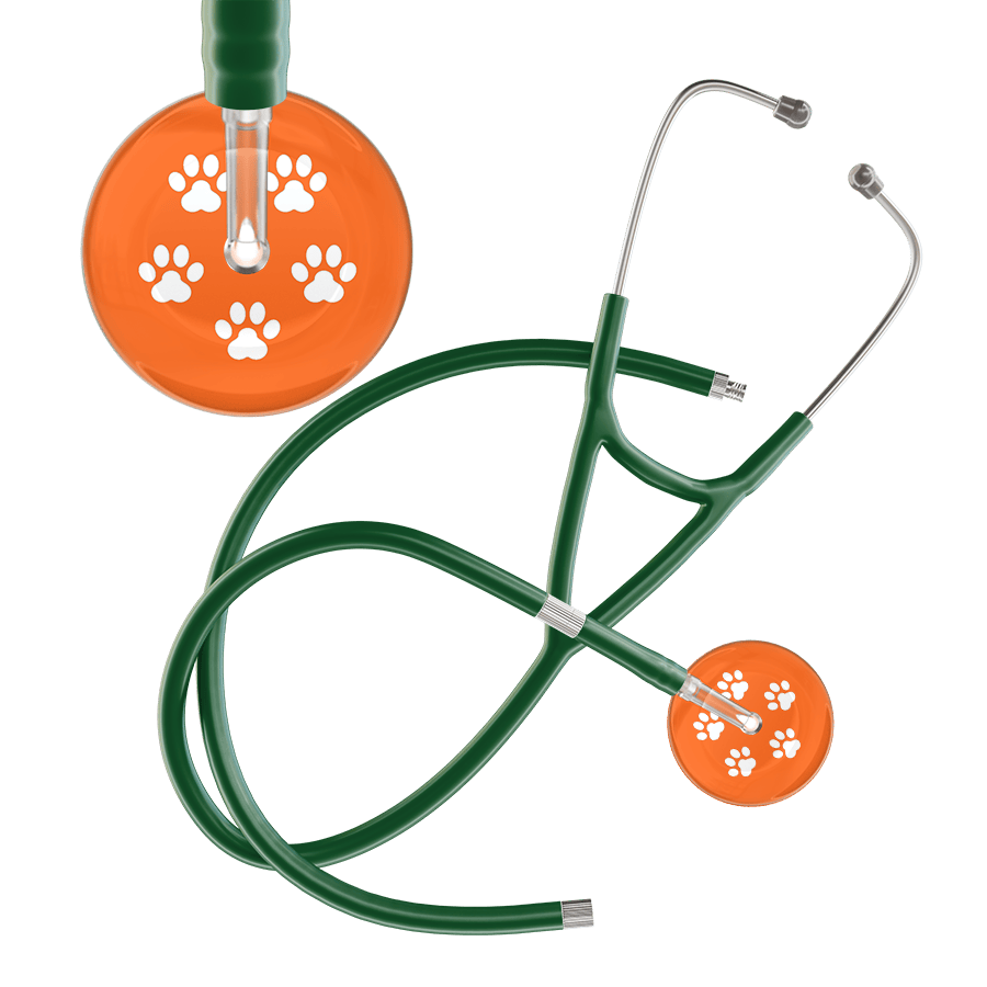 Ultrascope Single Stethoscope White Paw Tangerine Background / Adult / Dark Green Extended Tubing White Paw Print Dark Background Cardiology Stethoscope