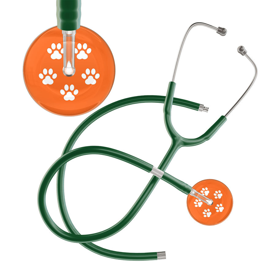 Ultrascope Single Stethoscope White Paw Tangerine Background / Adult / Dark Green Extended Tubing White Paw Print Dark Background Stethoscope