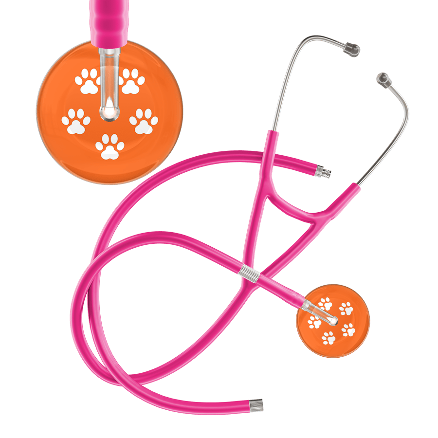 Ultrascope Single Stethoscope White Paw Tangerine Background / Adult / Hot Pink Extended Tubing White Paw Print Dark Background Cardiology Stethoscope