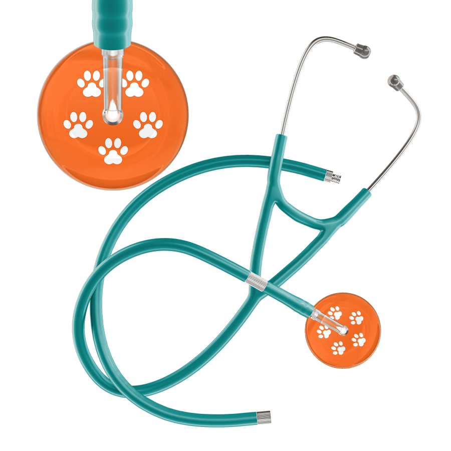 Ultrascope Single Stethoscope White Paw Tangerine Background / Adult / Jade Extended Tubing White Paw Print Dark Background Cardiology Stethoscope