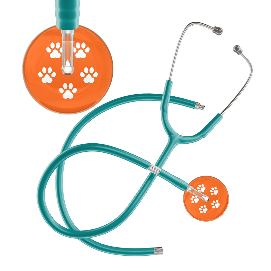 Ultrascope Single Stethoscope White Paw Tangerine Background / Adult / Jade Extended Tubing White Paw Print Dark Background Stethoscope