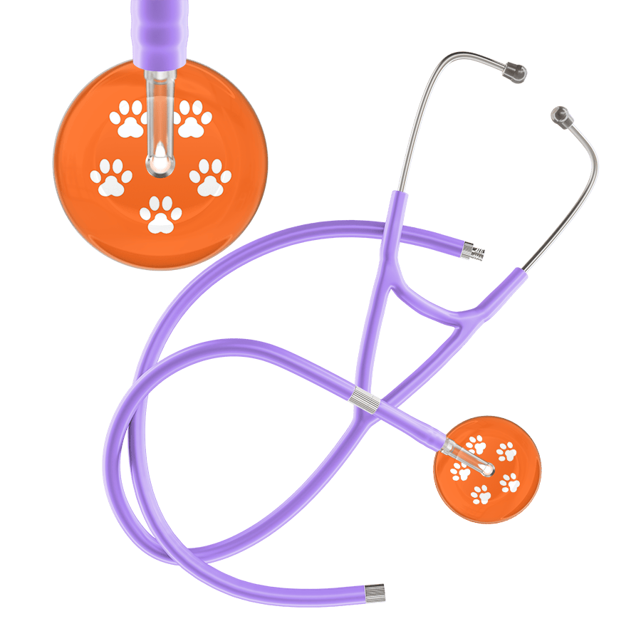 Ultrascope Single Stethoscope White Paw Tangerine Background / Adult / Lavender Extended Tubing White Paw Print Dark Background Cardiology Stethoscope