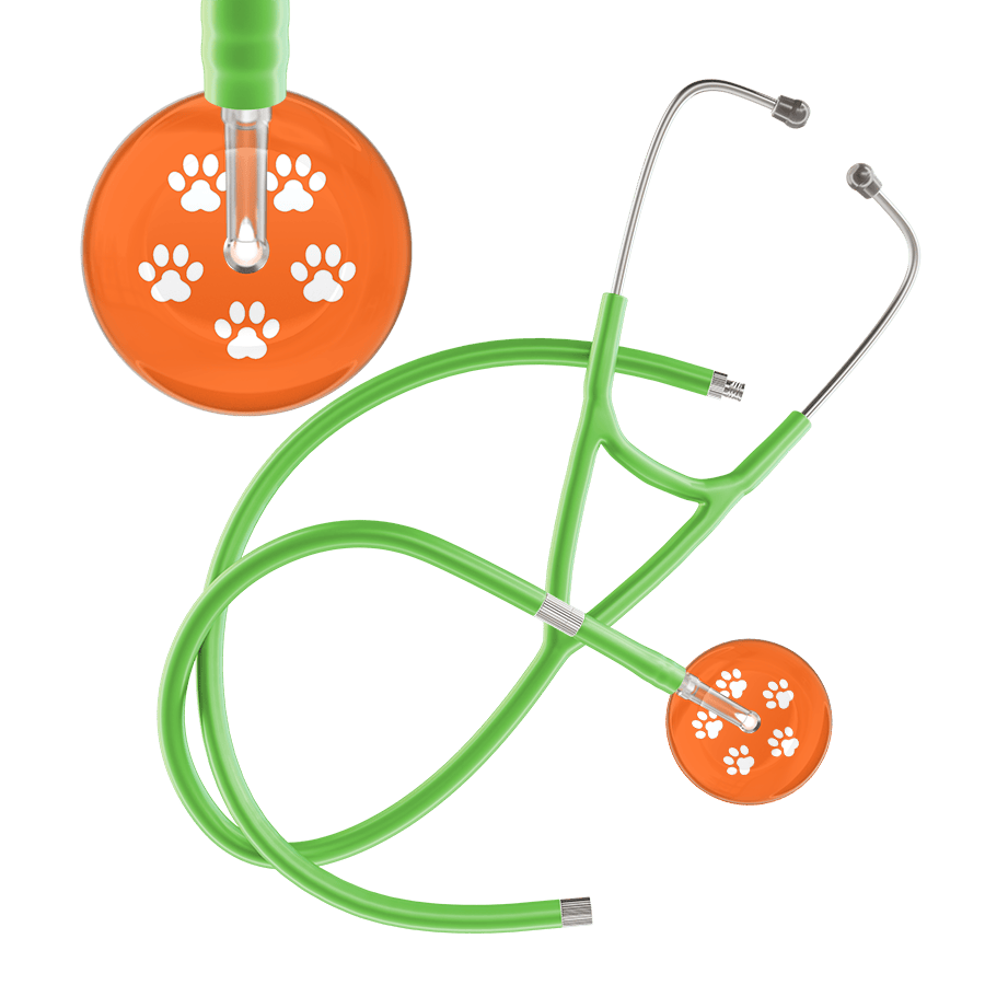 Ultrascope Single Stethoscope White Paw Tangerine Background / Adult / Lime Green Extended Tubing White Paw Print Dark Background Cardiology Stethoscope