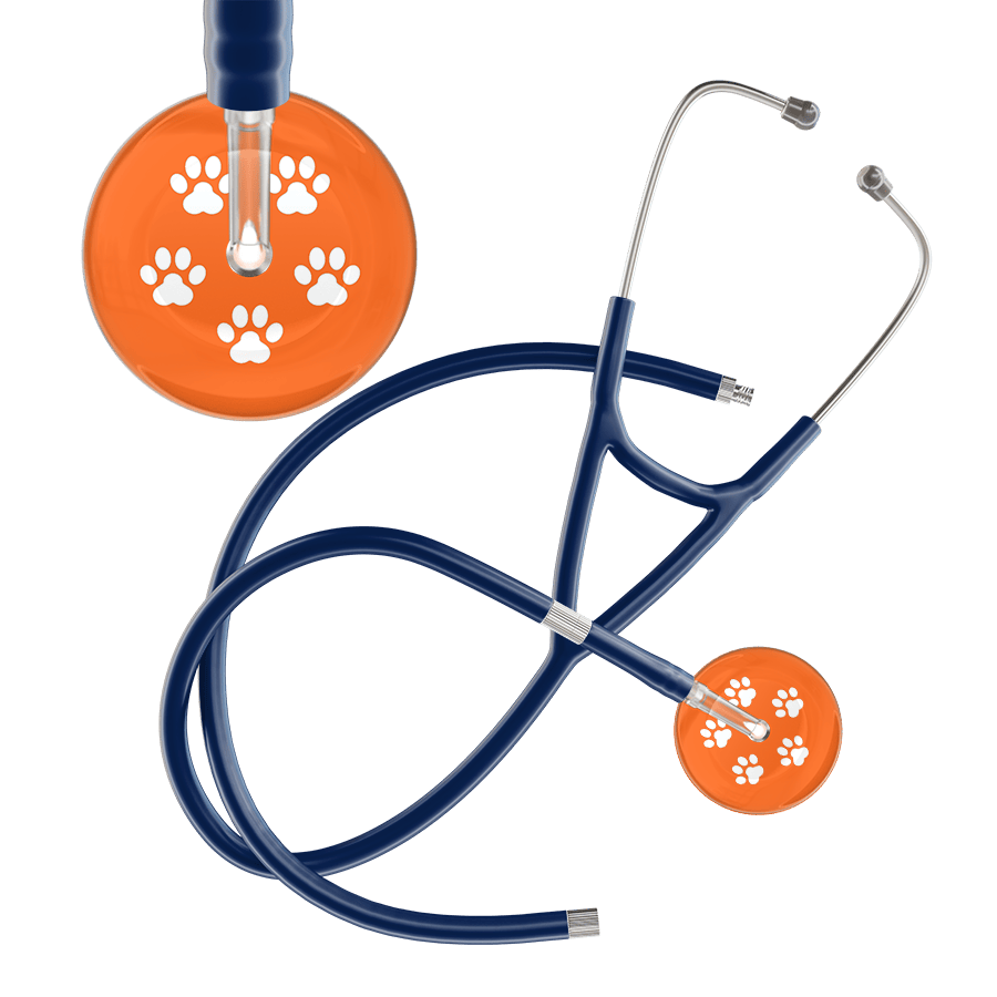 Ultrascope Single Stethoscope White Paw Tangerine Background / Adult / Navy Extended Tubing White Paw Print Dark Background Cardiology Stethoscope