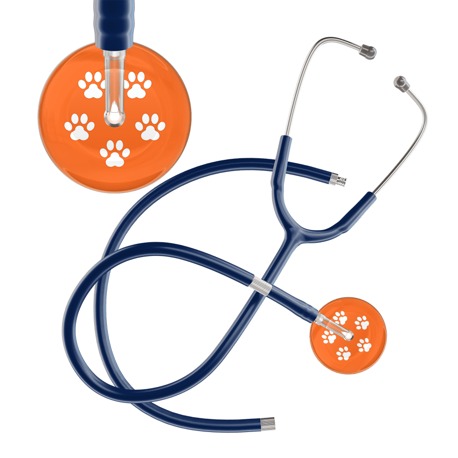 Ultrascope Single Stethoscope White Paw Tangerine Background / Adult / Navy Extended Tubing White Paw Print Dark Background Stethoscope