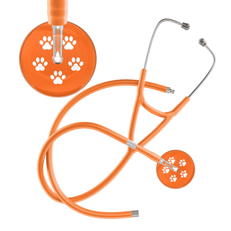 Ultrascope Single Stethoscope White Paw Tangerine Background / Adult / Orange Extended Tubing White Paw Print Dark Background Cardiology Stethoscope