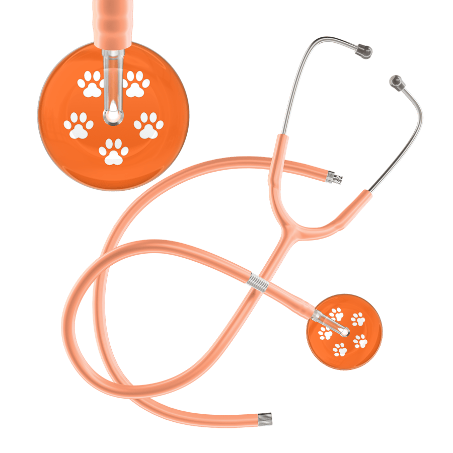 Ultrascope Single Stethoscope White Paw Tangerine Background / Adult / Peach Extended Tubing White Paw Print Dark Background Stethoscope