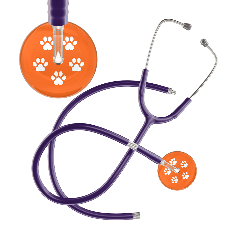 Ultrascope Single Stethoscope White Paw Tangerine Background / Adult / Purple Extended Tubing White Paw Print Dark Background Stethoscope