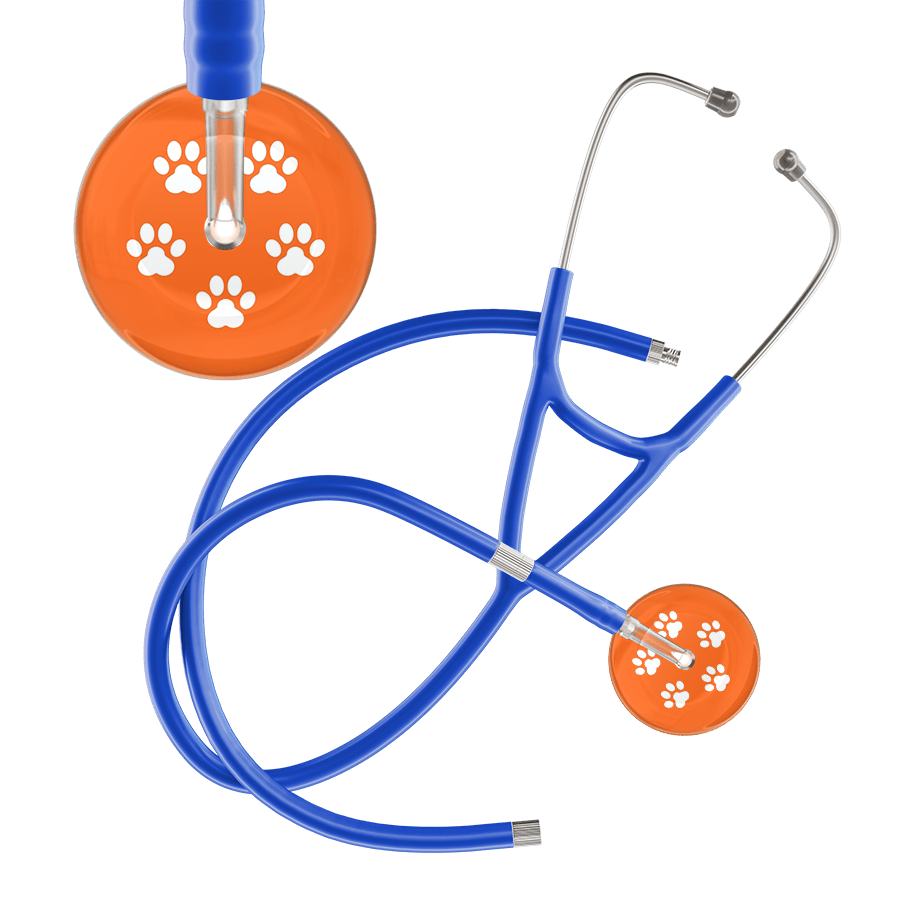 Ultrascope Single Stethoscope White Paw Tangerine Background / Adult / Royal Blue Extended Tubing White Paw Print Dark Background Cardiology Stethoscope