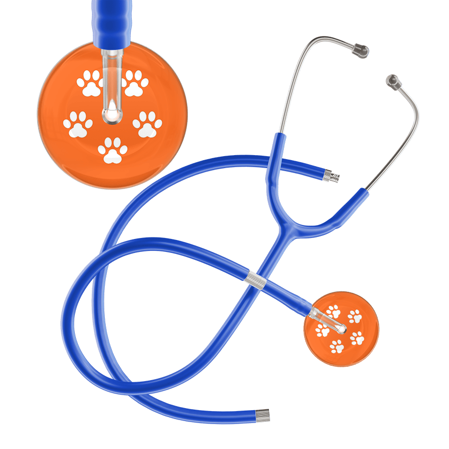 Ultrascope Single Stethoscope White Paw Tangerine Background / Adult / Royal Blue Extended Tubing White Paw Print Dark Background Stethoscope