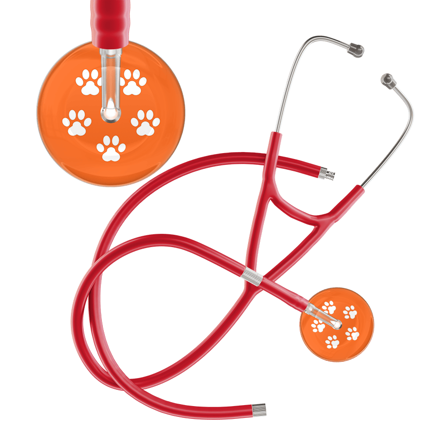 Ultrascope Single Stethoscope White Paw Tangerine Background / Adult / Red Extended Tubing White Paw Print Dark Background Cardiology Stethoscope