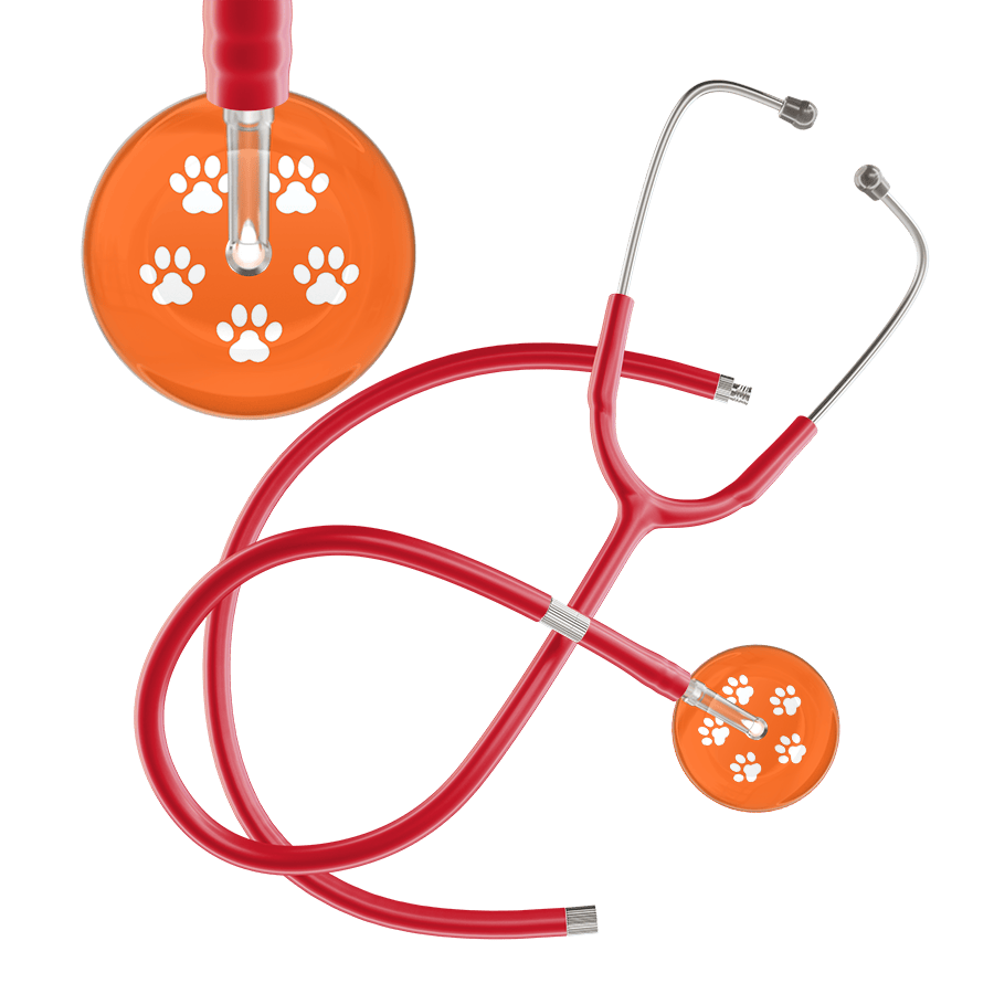 Ultrascope Single Stethoscope White Paw Tangerine Background / Adult / Red Extended Tubing White Paw Print Dark Background Stethoscope