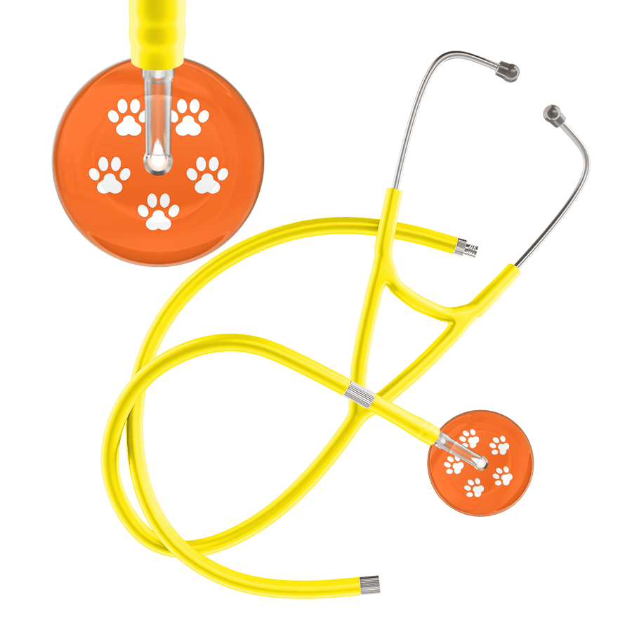Ultrascope Single Stethoscope White Paw Tangerine Background / Adult / Yellow Extended Tubing White Paw Print Dark Background Cardiology Stethoscope