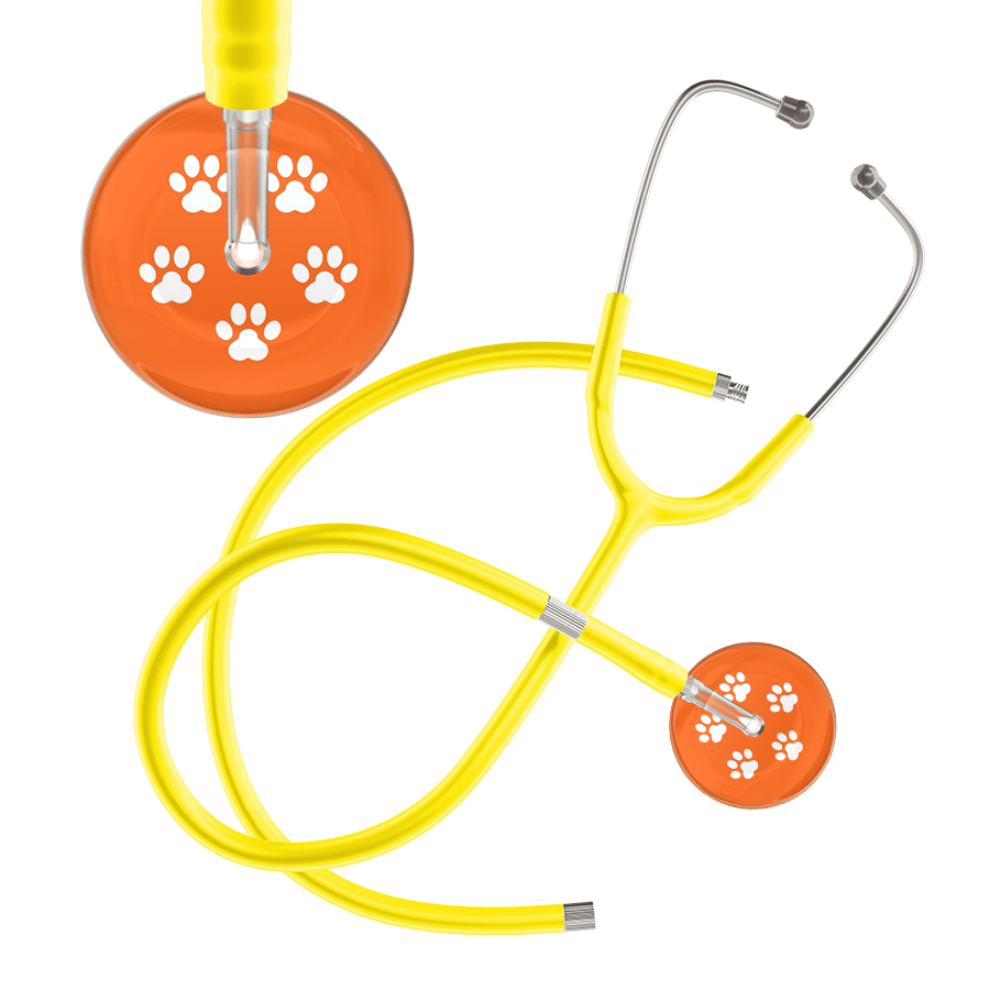 Ultrascope Single Stethoscope White Paw Tangerine Background / Adult / Yellow Extended Tubing White Paw Print Dark Background Stethoscope