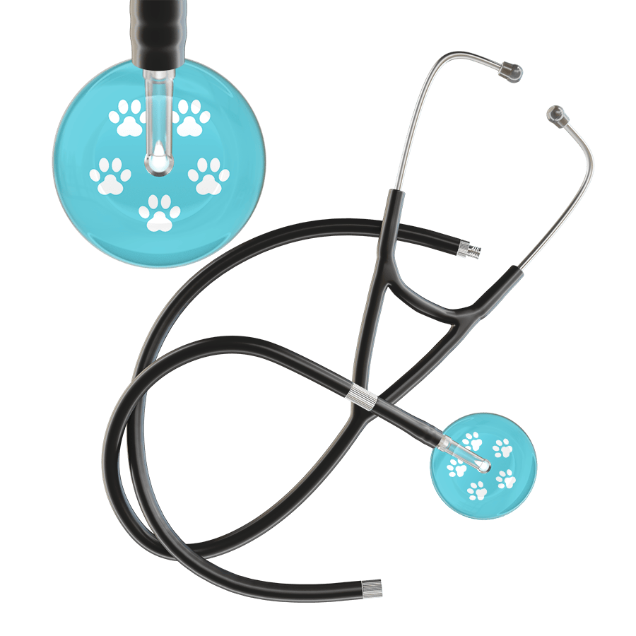 Ultrascope Single Stethoscope White Paw Turquoise Background / Adult / Black Extended Tubing White Paw Print Light Background Cardiology Stethoscope