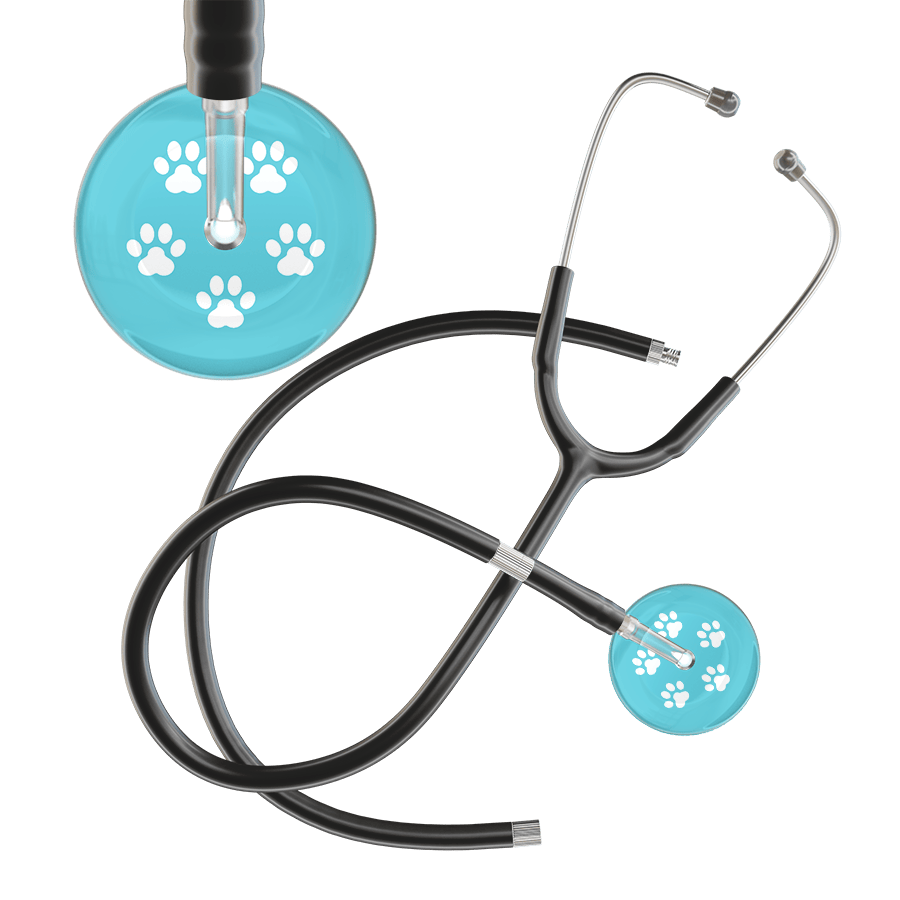 Ultrascope Single Stethoscope White Paw Turquoise Background / Adult / Black Extended Tubing White Paw Print Light Background Stethoscope