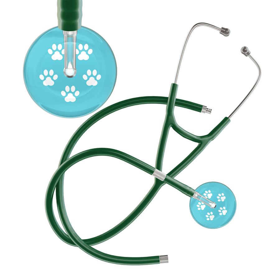 Ultrascope Single Stethoscope White Paw Turquoise Background / Adult / Dark Green Extended Tubing White Paw Print Light Background Cardiology Stethoscope