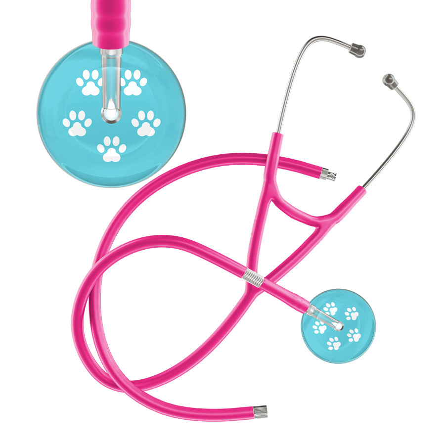 Ultrascope Single Stethoscope White Paw Turquoise Background / Adult / Hot Pink Extended Tubing White Paw Print Light Background Cardiology Stethoscope