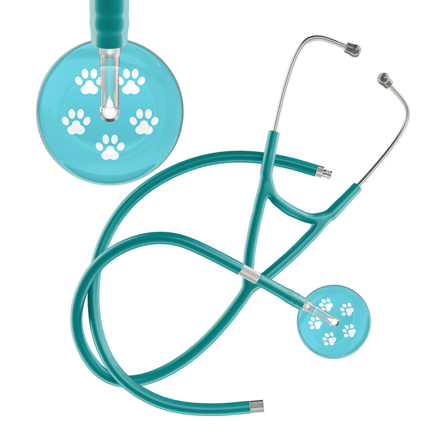 Ultrascope Single Stethoscope White Paw Turquoise Background / Adult / Jade Extended Tubing White Paw Print Light Background Cardiology Stethoscope