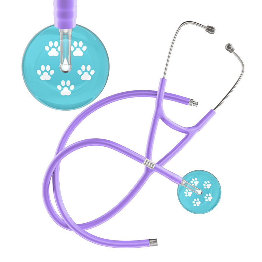 Ultrascope Single Stethoscope White Paw Turquoise Background / Adult / Lavender Extended Tubing White Paw Print Light Background Cardiology Stethoscope