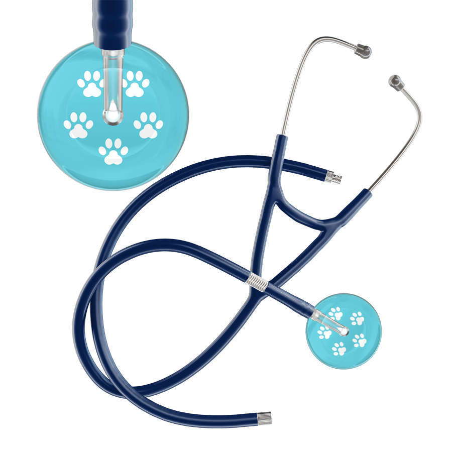 Ultrascope Single Stethoscope White Paw Turquoise Background / Adult / Navy Extended Tubing White Paw Print Light Background Cardiology Stethoscope