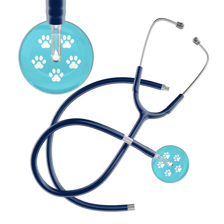 Ultrascope Single Stethoscope White Paw Turquoise Background / Adult / Navy Extended Tubing White Paw Print Light Background Stethoscope