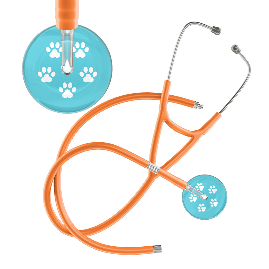 Ultrascope Single Stethoscope White Paw Turquoise Background / Adult / Orange Extended Tubing White Paw Print Light Background Cardiology Stethoscope
