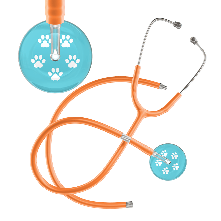 Ultrascope Single Stethoscope White Paw Turquoise Background / Adult / Orange Extended Tubing White Paw Print Light Background Stethoscope