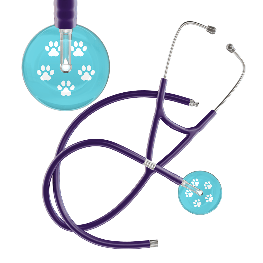 Ultrascope Single Stethoscope White Paw Turquoise Background / Adult / Purple Extended Tubing White Paw Print Light Background Cardiology Stethoscope