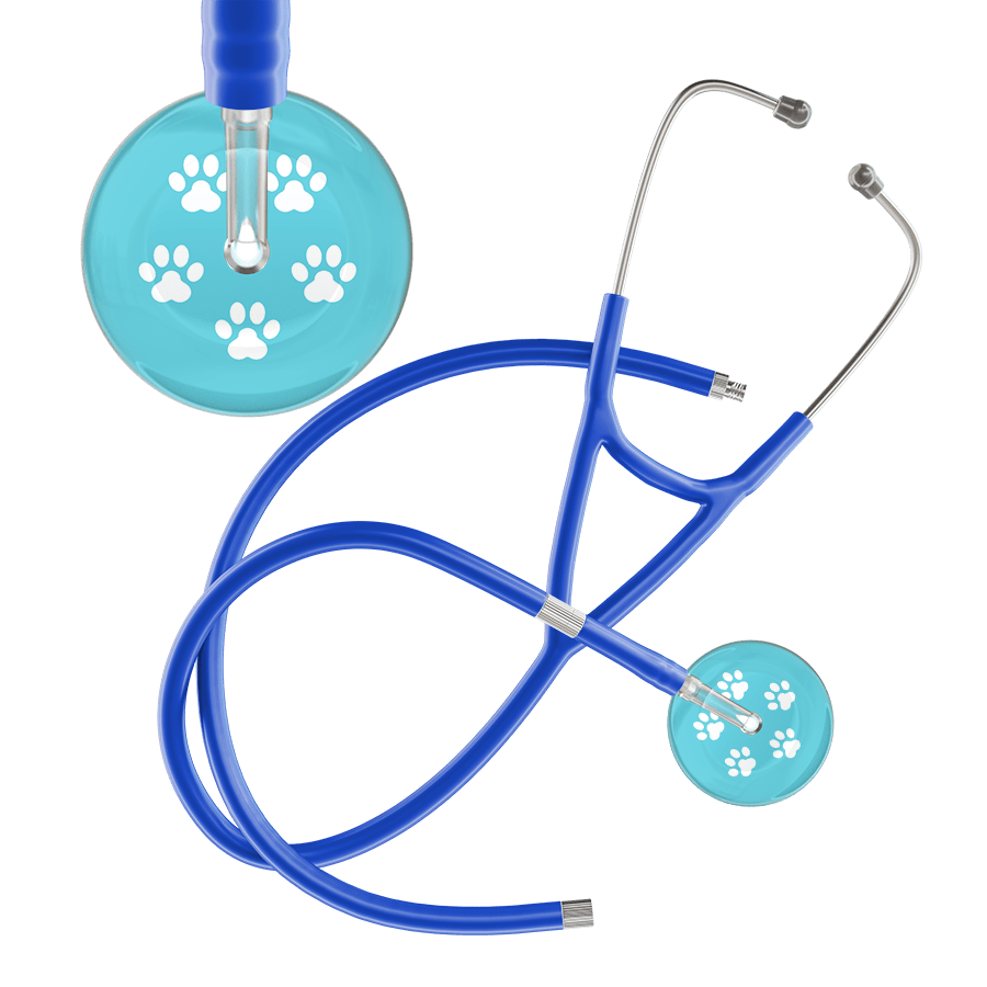 Ultrascope Single Stethoscope White Paw Turquoise Background / Adult / Royal Blue Extended Tubing White Paw Print Light Background Cardiology Stethoscope