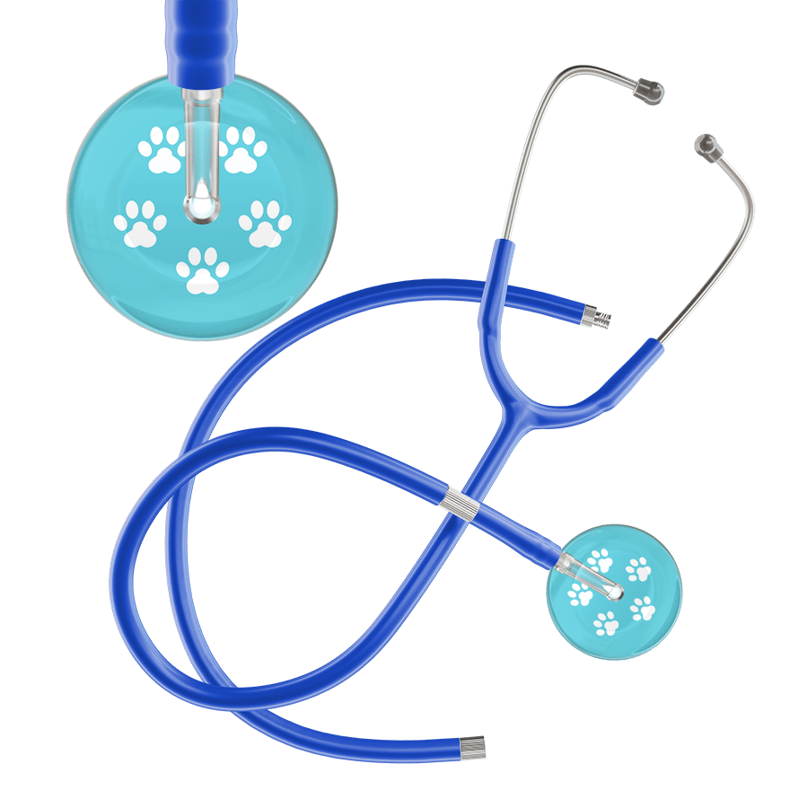 Ultrascope Single Stethoscope White Paw Turquoise Background / Adult / Royal Blue Extended Tubing White Paw Print Light Background Stethoscope