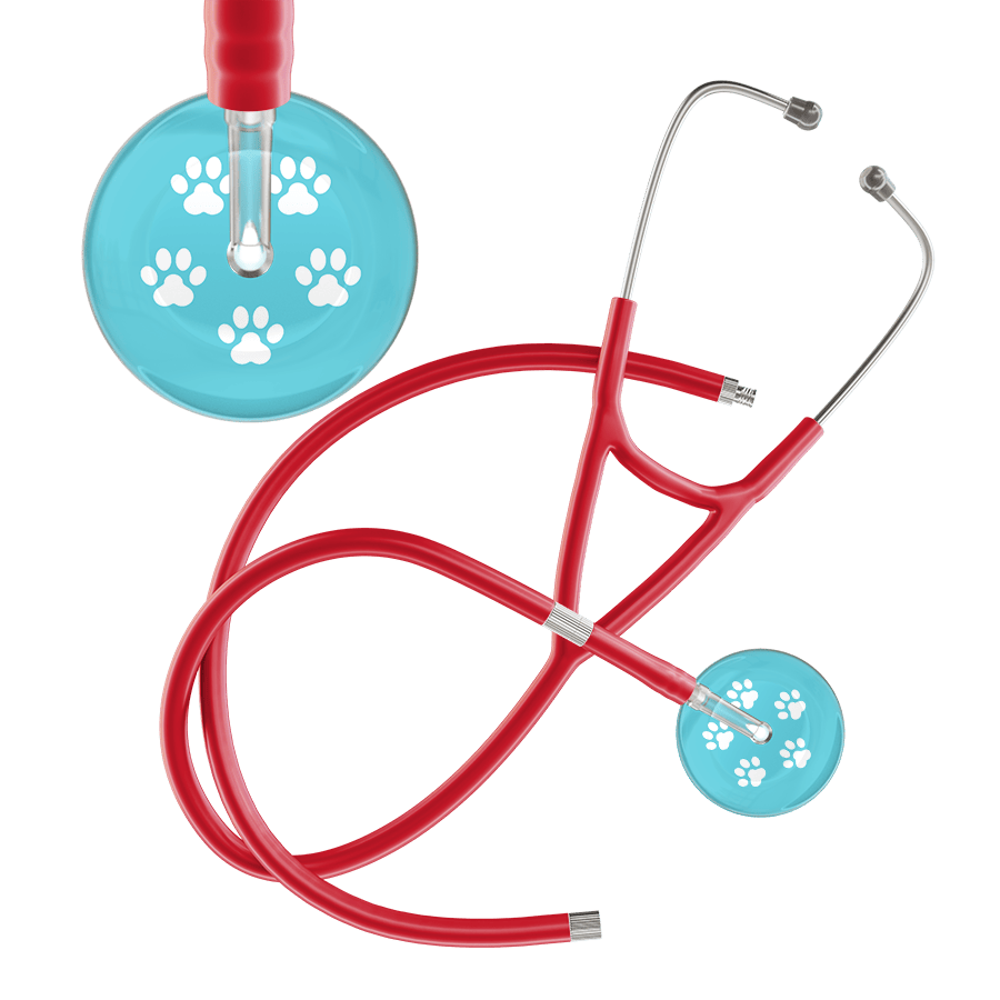 Ultrascope Single Stethoscope White Paw Turquoise Background / Adult / Red Extended Tubing White Paw Print Light Background Cardiology Stethoscope