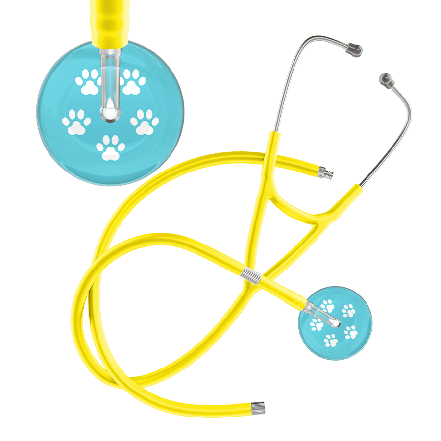 Ultrascope Single Stethoscope White Paw Turquoise Background / Adult / Yellow Extended Tubing White Paw Print Light Background Cardiology Stethoscope