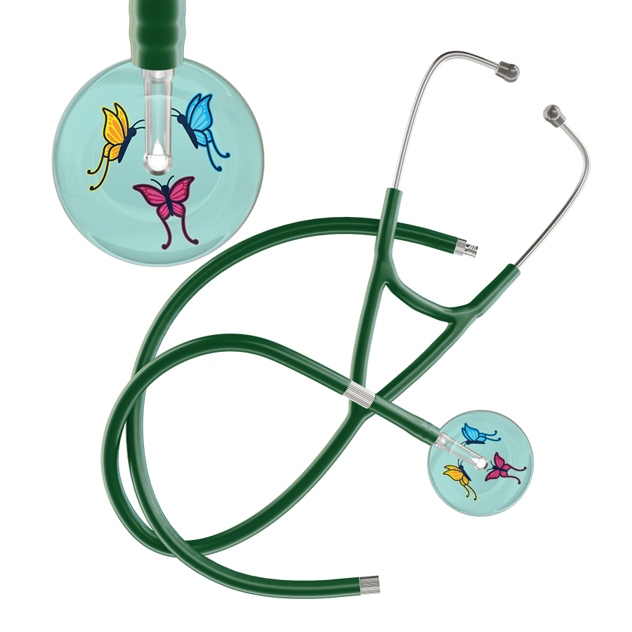 Ultrascope Single Stethoscope Robin's Egg Butterflies / Adult / Dark Green Extended Tubing Light Butterflies Cardiology Stethoscope