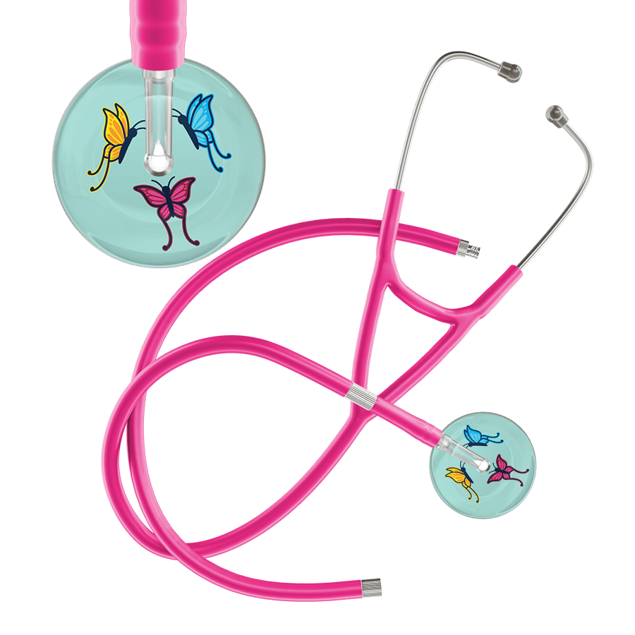 Ultrascope Single Stethoscope Robin's Egg Butterflies / Adult / Hot Pink Extended Tubing Light Butterflies Cardiology Stethoscope