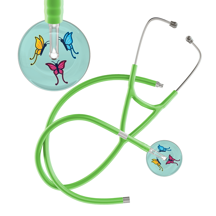 Ultrascope Single Stethoscope Robin's Egg Butterflies / Adult / Lime Green Extended Tubing Light Butterflies Cardiology Stethoscope