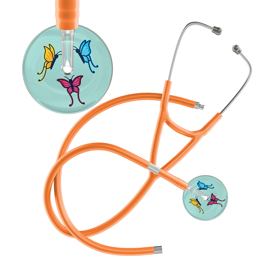 Ultrascope Single Stethoscope Robin's Egg Butterflies / Adult / Orange Extended Tubing Light Butterflies Cardiology Stethoscope